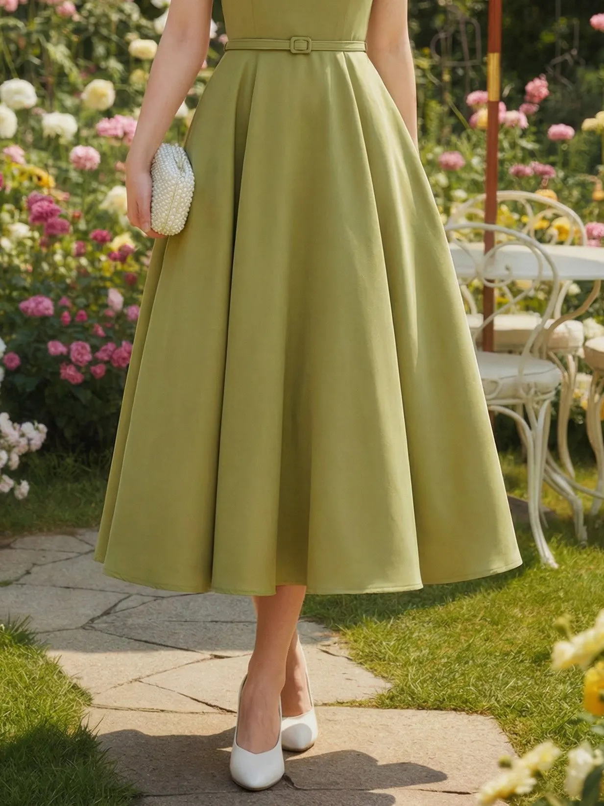 Midi Linen Dress, Sleeveless, Boat Neck, Plain, Bow, French Vintage, Green - Green