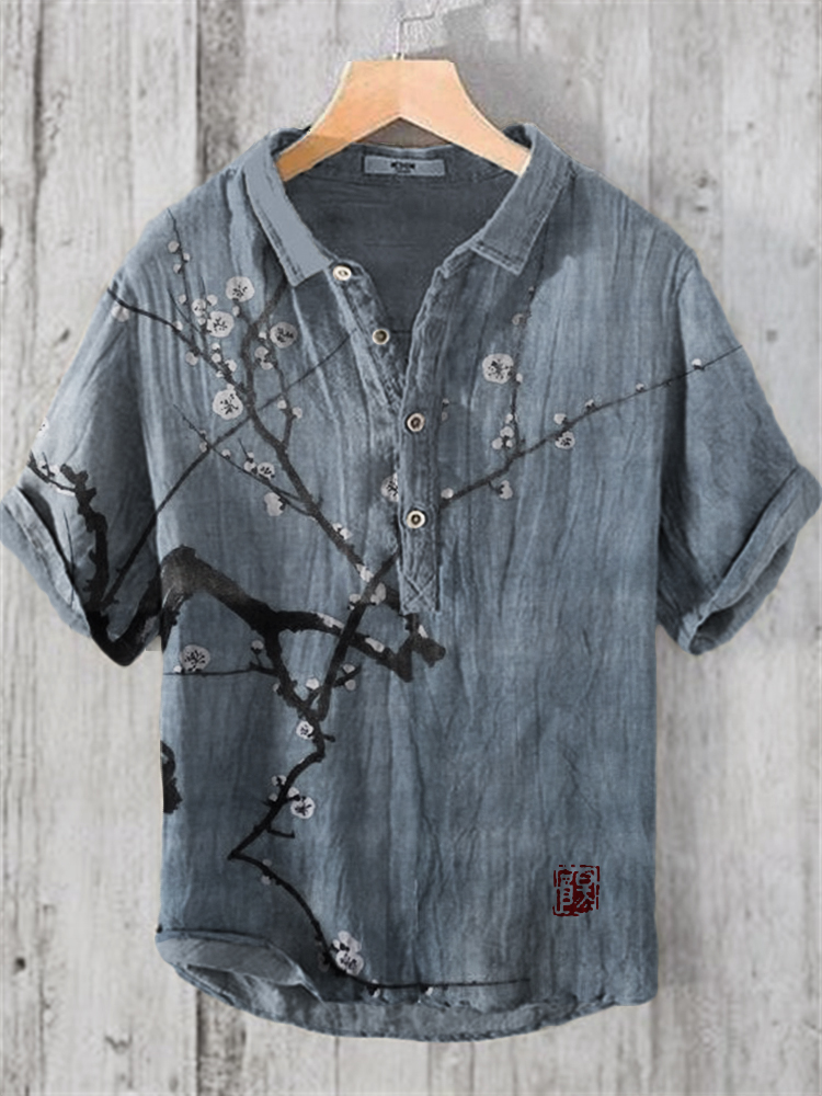 Plum Blossom Japanese Art Linen Blend Shirt - Coffee
