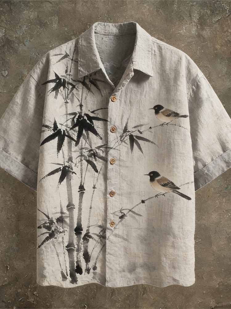 Japanese Ink Painting Art Linen Short Sleeve Shirt - Beige