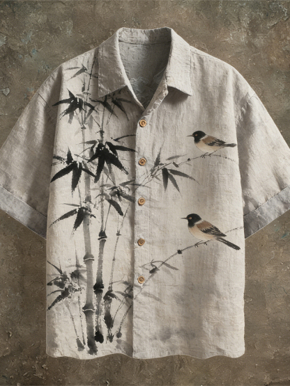 Japanese Ink Painting Art Linen Short Sleeve Shirt - Beige