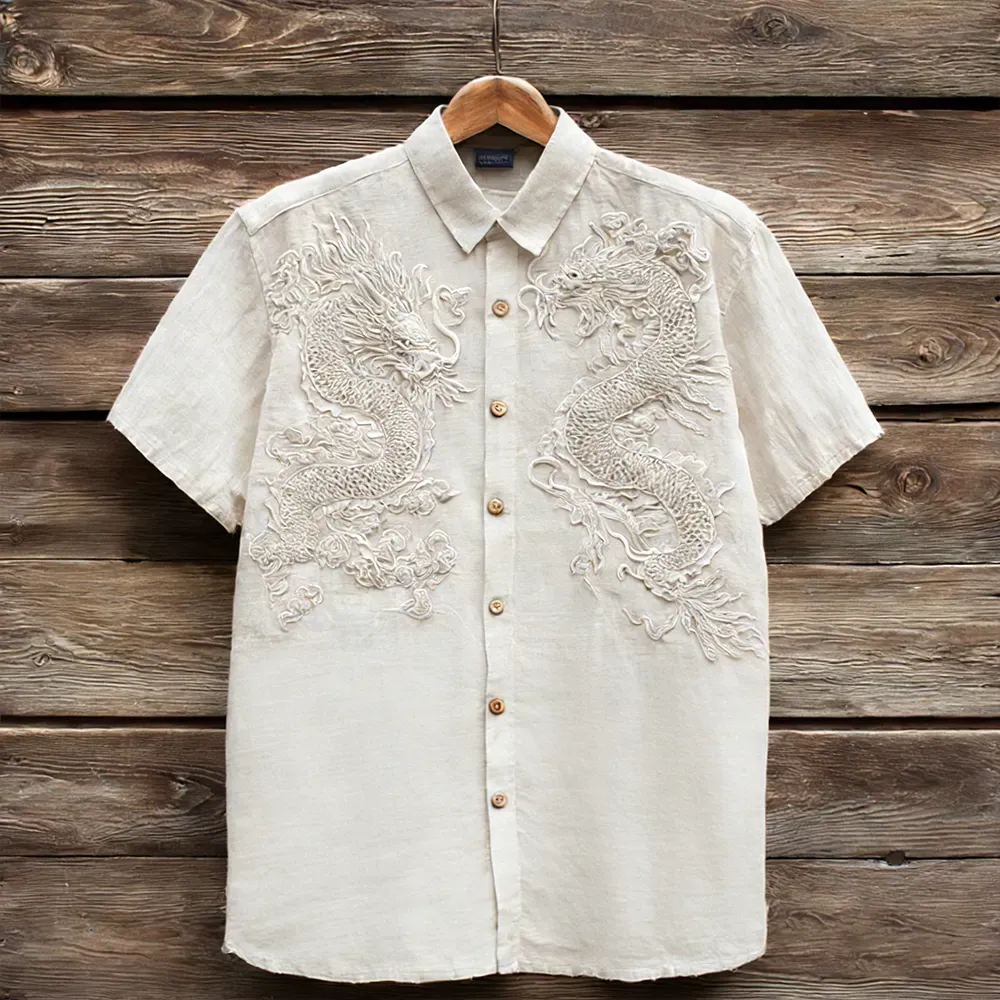 Vintage Clouds & Cranes Art Short Sleeve Linen Shirt - Cream beige