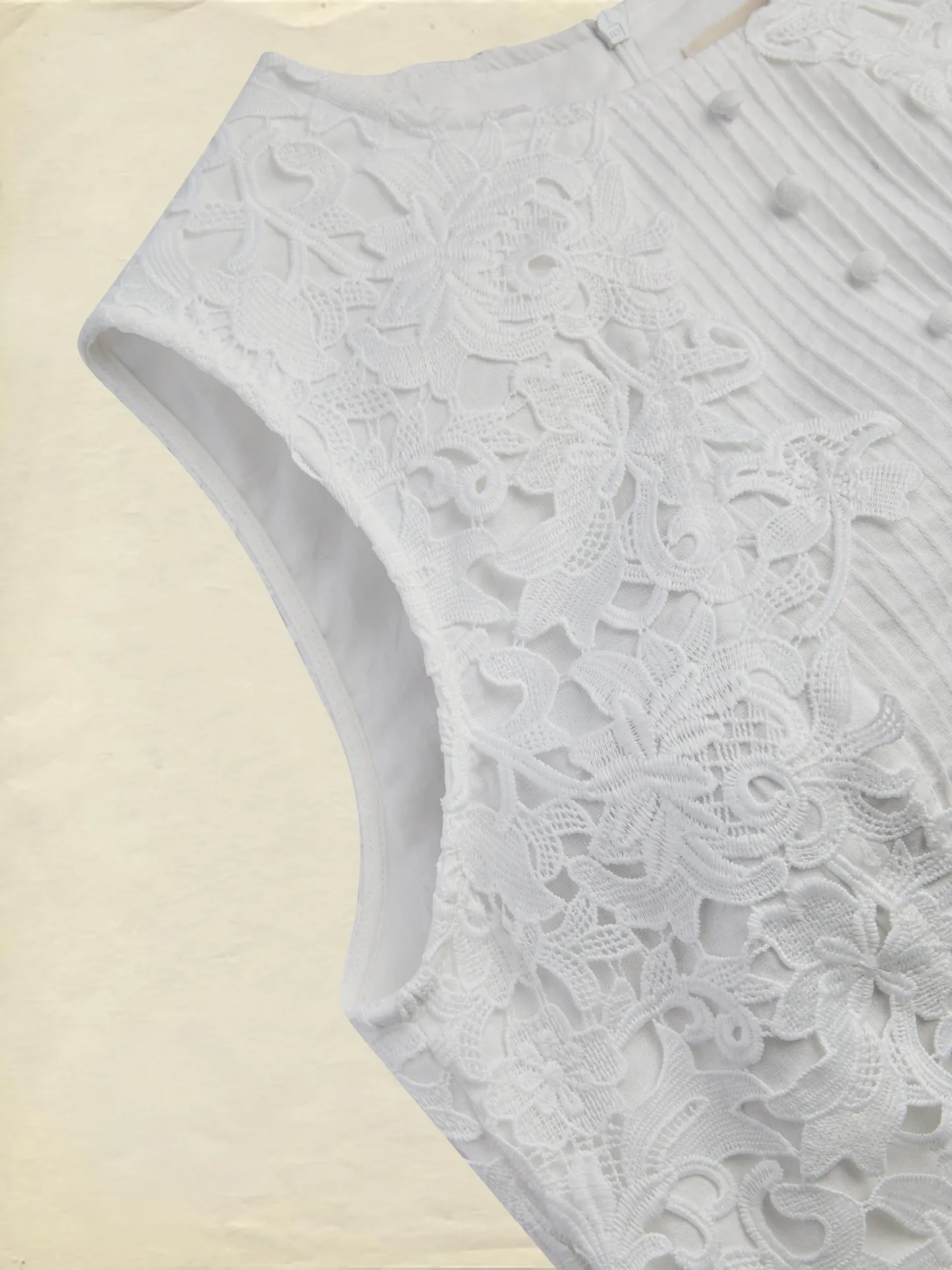 Midi Cotton Dress, Sleeveless, Round Neck, Plain, Lace, Vintage, White - White