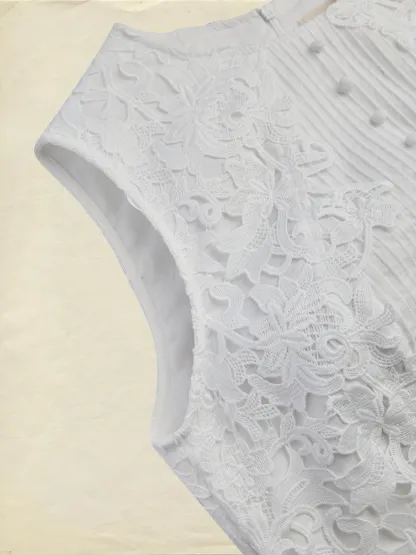 Midi Cotton Dress, Sleeveless, Round Neck, Plain, Lace, Vintage, White - White