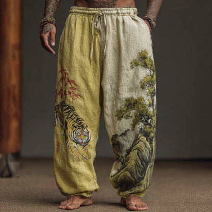 Men's Retro Japanese Tiger Embroidery Art Linen-blend Casual Pants - Yellow