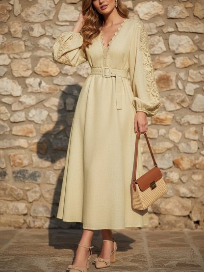 Midi Linen Dress, Long Sleeves, Plain, Lace, French Vintage, Apricot - Apricot