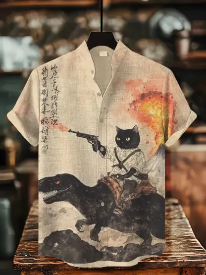 Men's Retro Calligraphy Cat Dinosaur Volcanic Eruption Print Short Sleeve Shirt - Beige