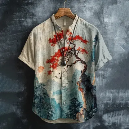 Men's Japanese Flower Art Print Short Sleeve Shirt - Khaki