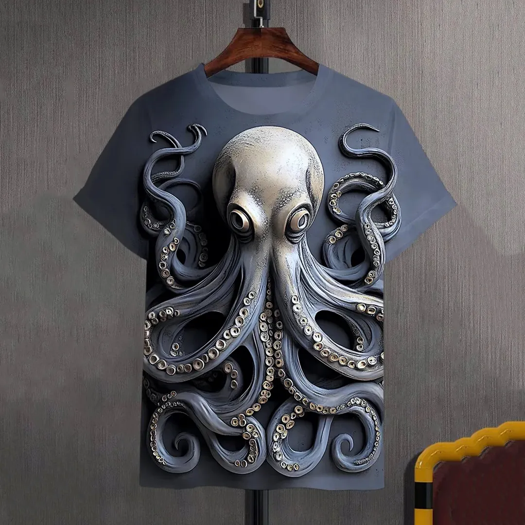 Men's 3d Octopus Graphic Print Casual T-shirt - Grey