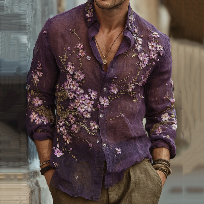 Men's Vintage Japanese Sakura Embroidered Art Lapel Long Sleeve Linen Shirt - Grey