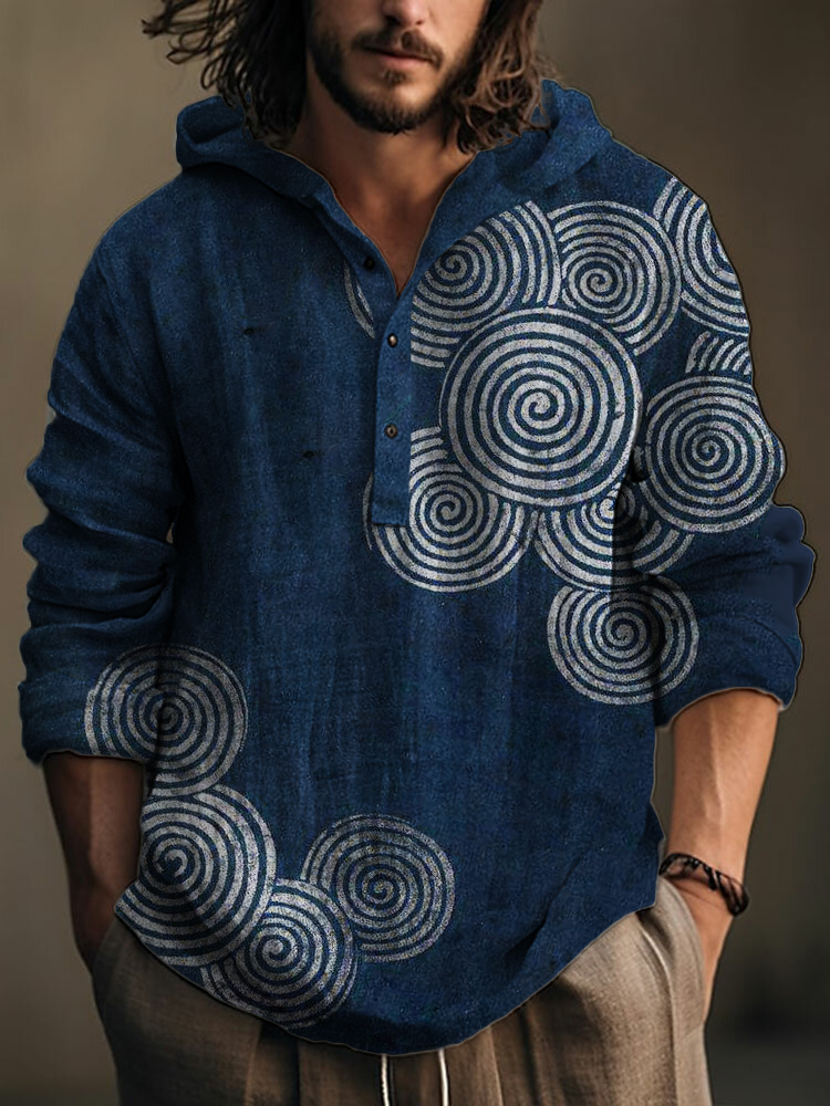 Sea Waves Ripples Japanese Lino Art Linen Blend Hooded Shirt - Black