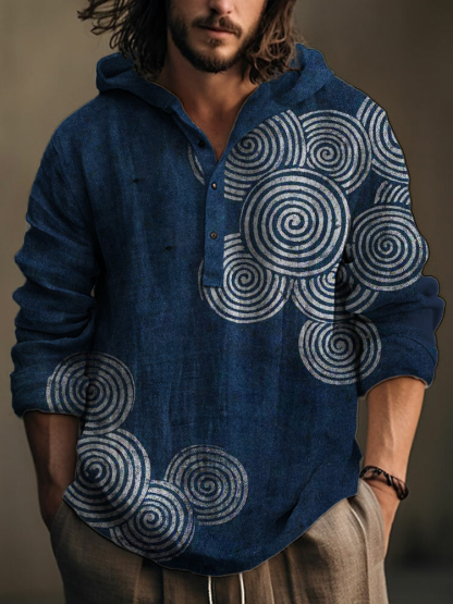 Sea Waves Ripples Japanese Lino Art Linen Blend Hooded Shirt - Black