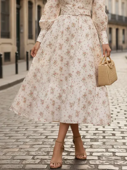 Midi Linen Dress, Long Sleeves, Stand Collar, Floral, Button Design, Vacation, Vintage, Pink - Pink