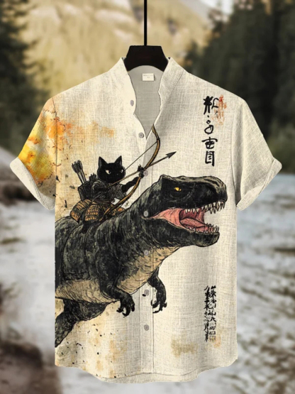 Men's Black Cat Riding A Dinosaur Art Print Casual Shirt - Beige