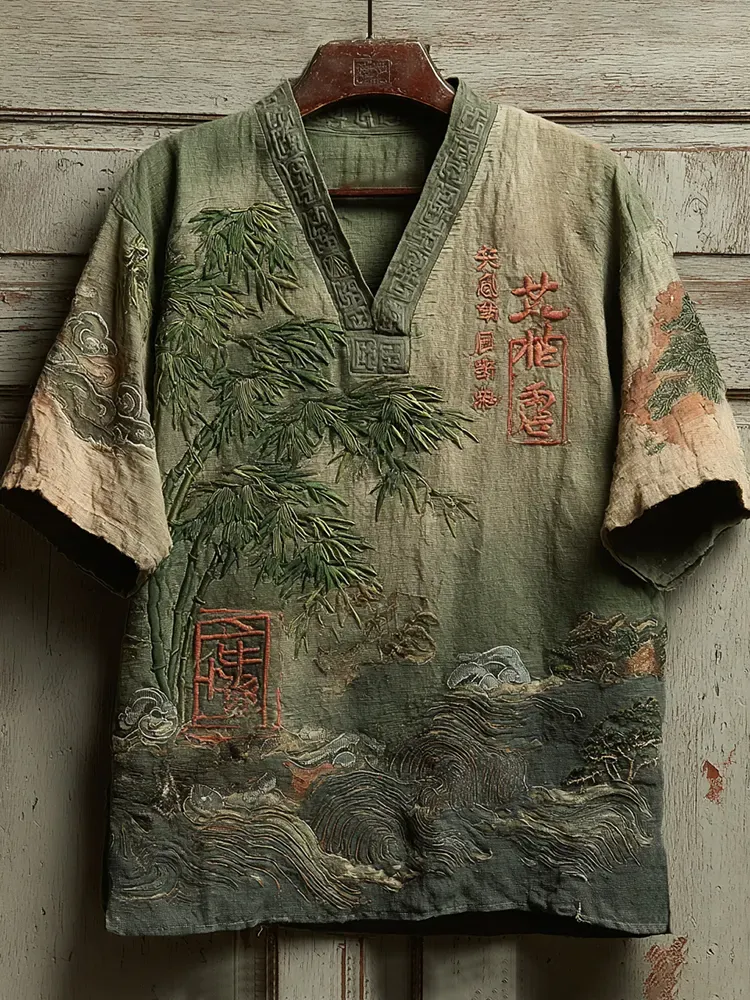 Japanese Bamboo Art Embroidered Linen Shirt - Green