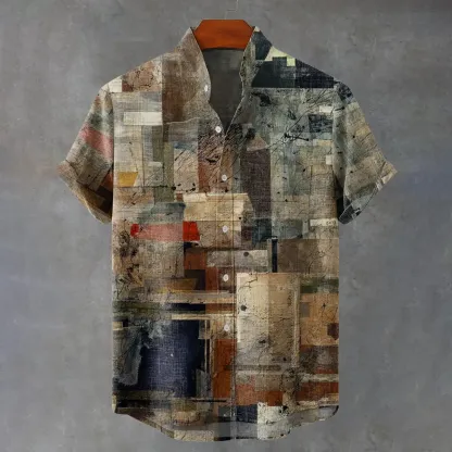 Men's Retro Distressed Texture Art Print Cotton And Linen Shirt - Multicolor