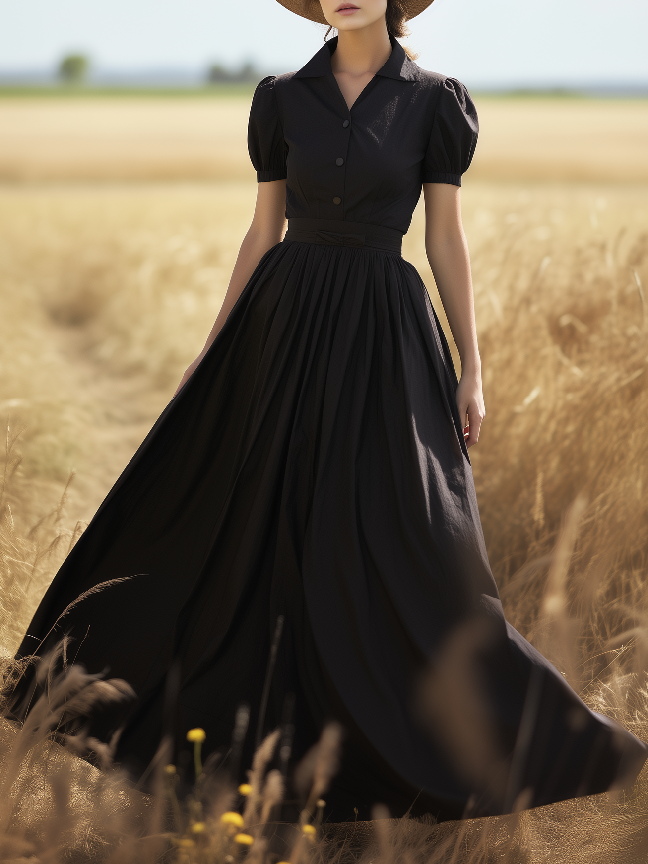 Maxi Cotton Dress, Short Sleeve, Shawl Collar, Plain, Summer, Black - Black