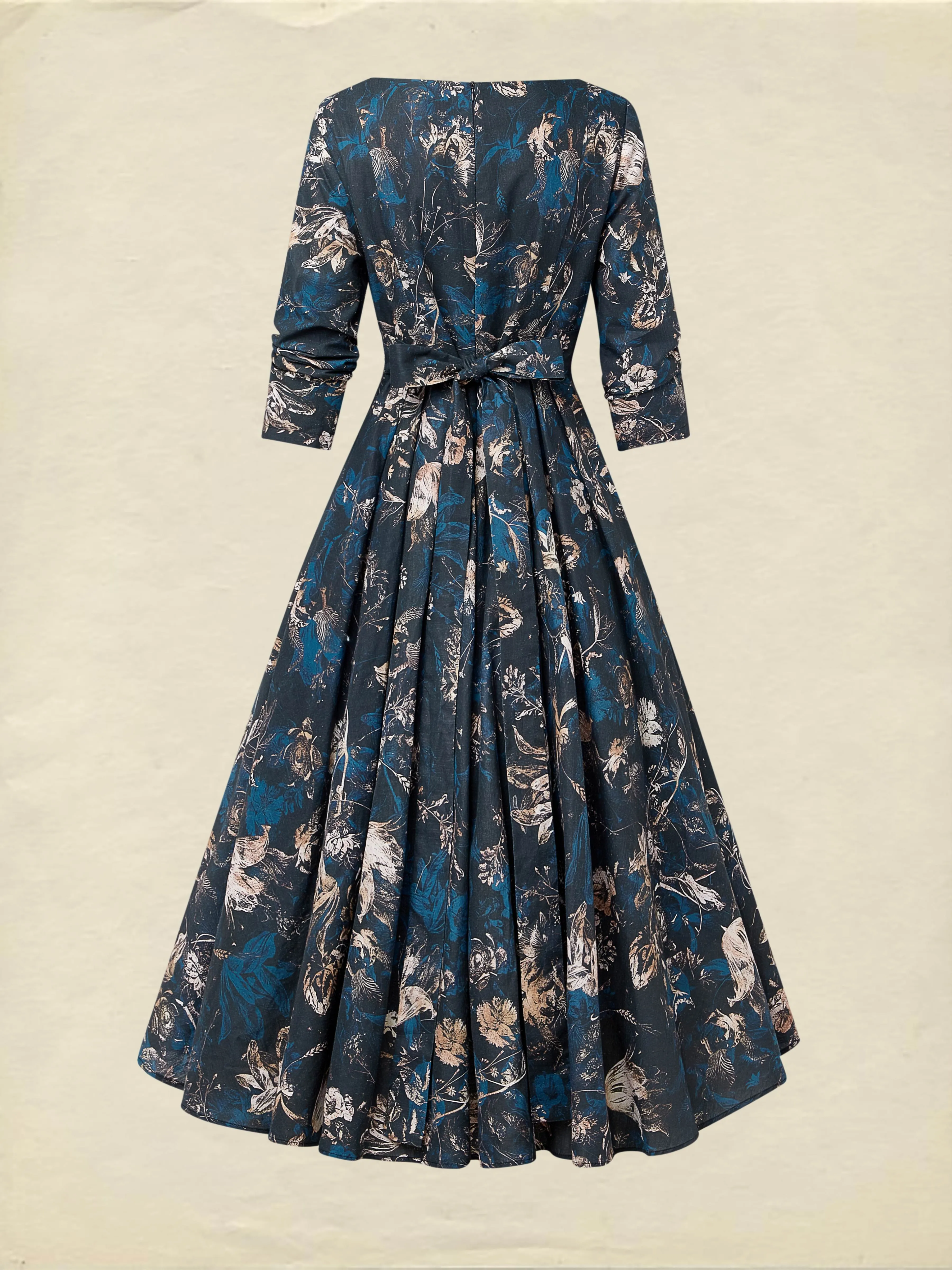 Midi Linen Dress, Long Sleeves, V Neck, Floral, Button Design, Vintage, Deep Blue - Deep Blue