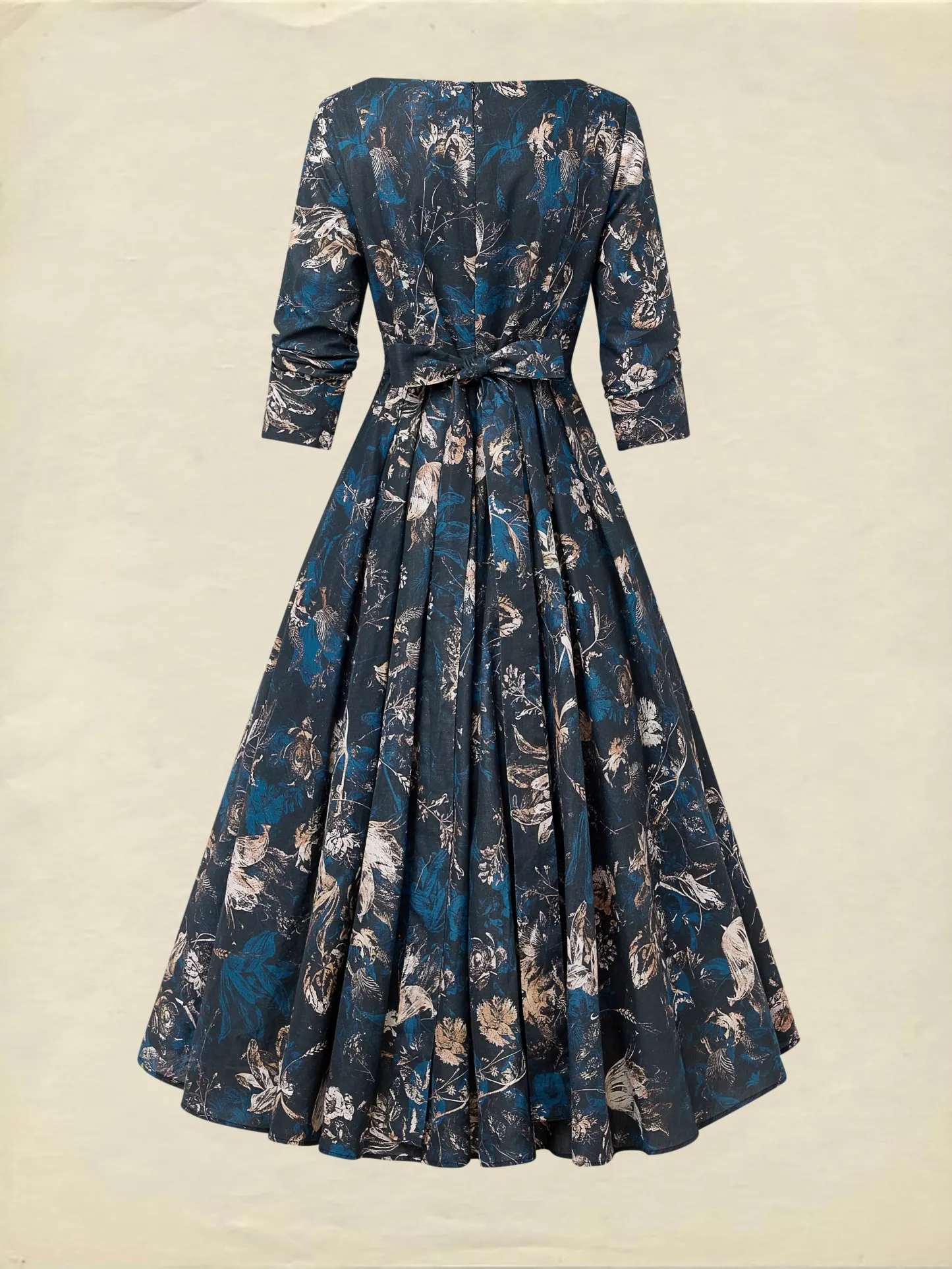 Midi Linen Dress, Long Sleeves, V Neck, Floral, Button Design, Vintage, Deep Blue - Deep Blue