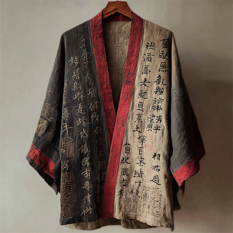 Japanese Calligraphy Art Contrast Linen Kimono Cardigan - Black khaki