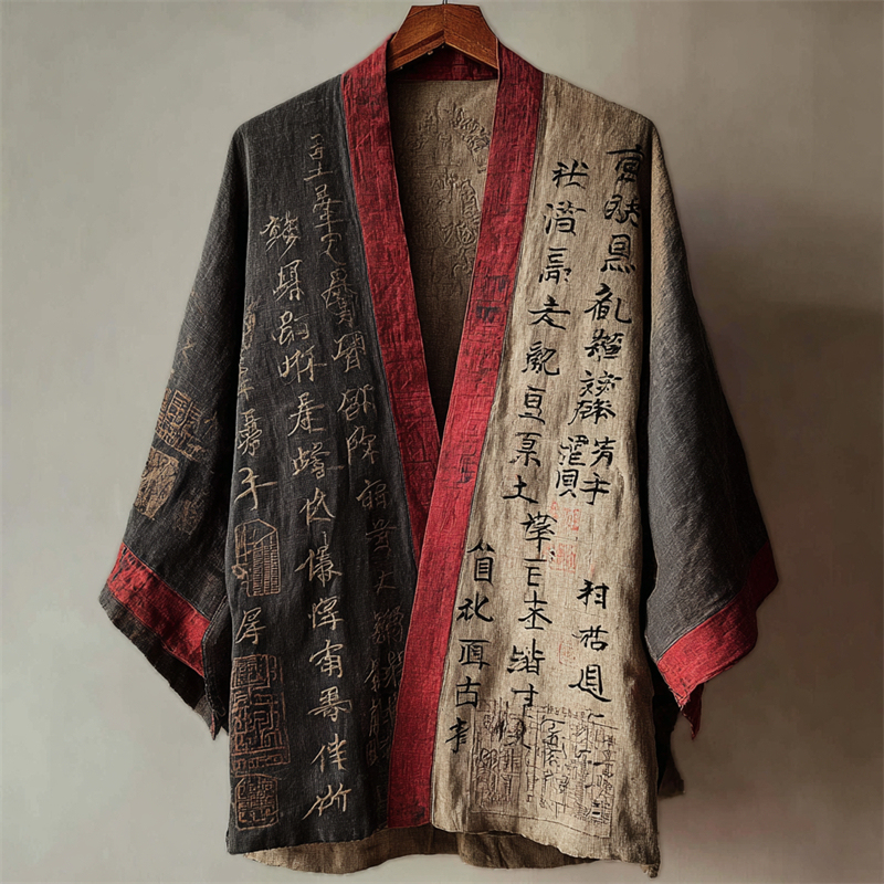 Japanese Calligraphy Art Contrast Linen Kimono Cardigan - Black khaki