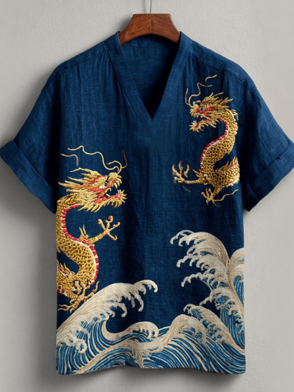 Japanese Waves & Dragon Embroidered Linen Shirt - Blue
