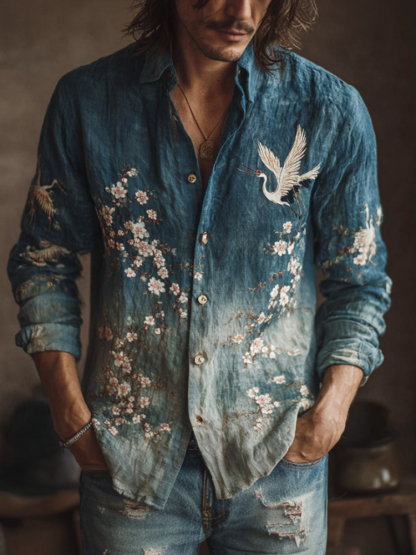 Japanese Style Crane And Cherry Blossom Tree Gradient Pattern Men's Linen Long Sleeve Shirt - Blue