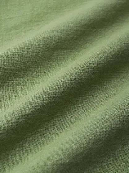 Midi Linen Dress , Half Sleeve, V Neck, Plain, Lace, Vintage, Army Green - Army Green