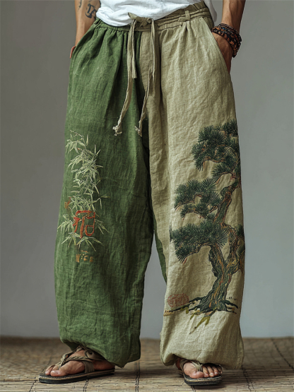 Men's Japanese Bamboo & Pine Tree Embroidered Contrast Wide Leg Linen Pants - Green
