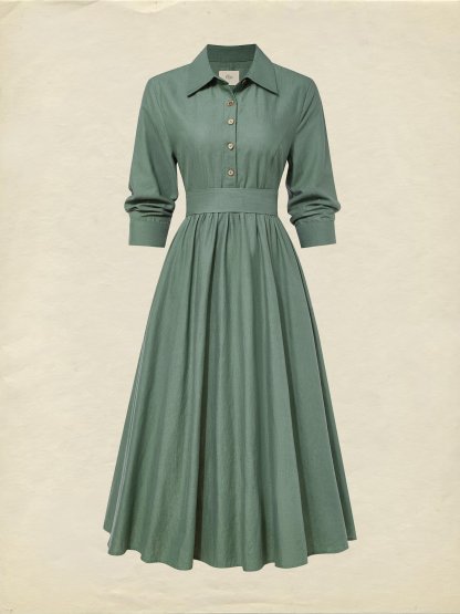 Midi Linen Dress, Half Sleeve,  Linen Blend, Plain, Renaissance, Green - Green