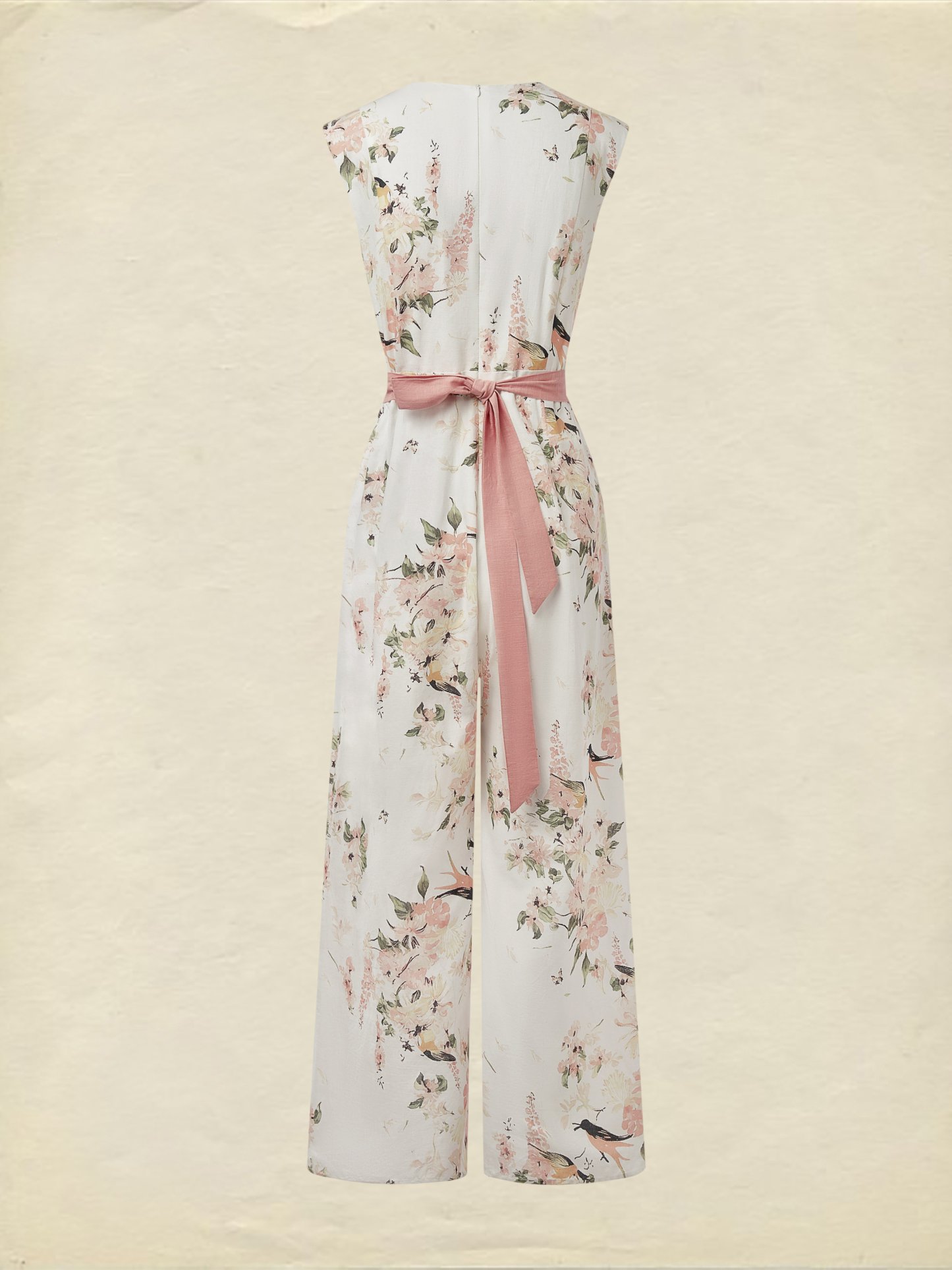 Linen Jumpsuit , Sleeveless, Round Neck, Floral, Button Design, Vacation, Vintage, White - White