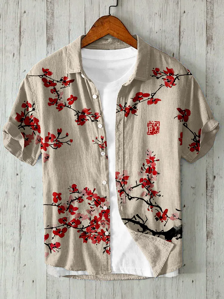 Japanese Cherry Blossom Art Linen Blend Cozy Shirt - White