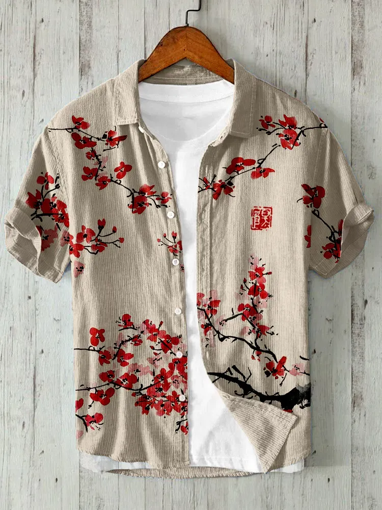 Japanese Cherry Blossom Art Linen Blend Cozy Shirt - White