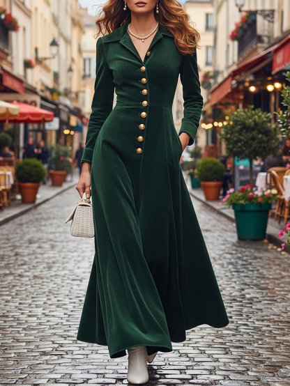 Maxi Cotton Dress, Long Sleeves, Shawl Collar, Plain, Button Design, Vintage, Green - Green