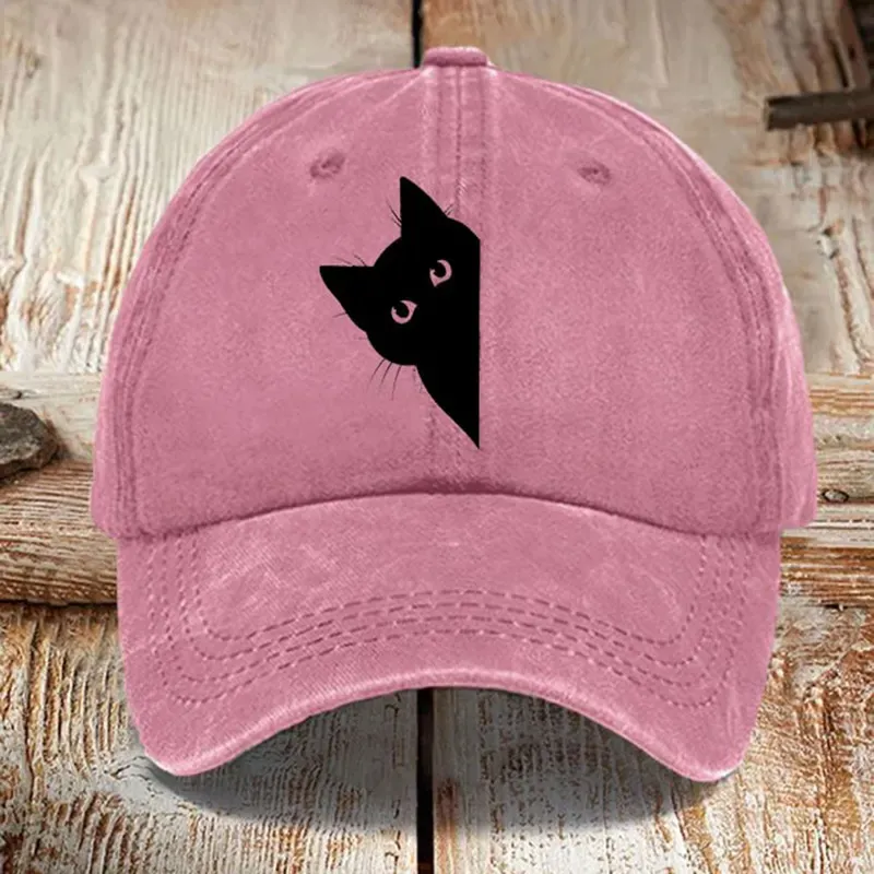 Japanese Art Black Cat Print Washed Sun Hat - Purple
