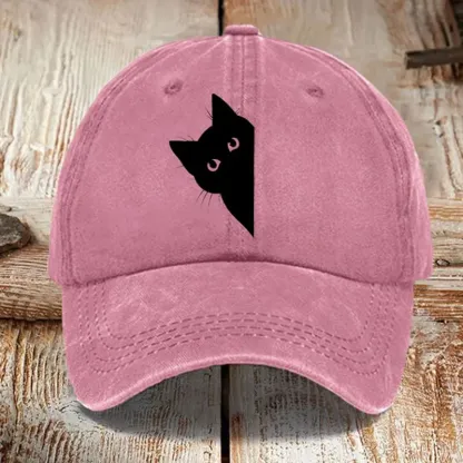 Japanese Art Black Cat Print Washed Sun Hat - Purple