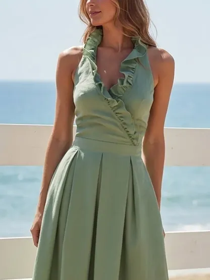 Maxi Linen Dress, Sleeveless, V Neck, Plain, Ruffles, French Vintage, Green - Green
