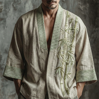 Men's Japanese Bamboo Art Pattern Linen Blend Kimono Cardigan - Beige green