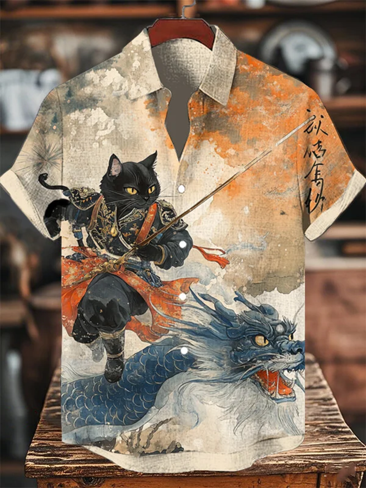 Men's Black Cat Samurai And Dragon Japanese Style Art Print Casual Shirt - Beige