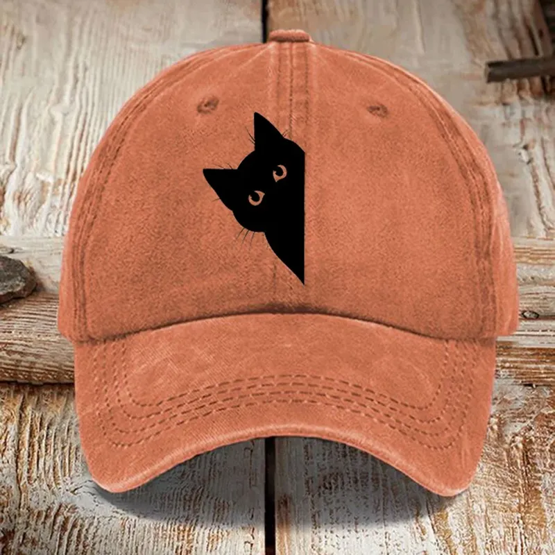Japanese Art Black Cat Print Washed Sun Hat - Orange
