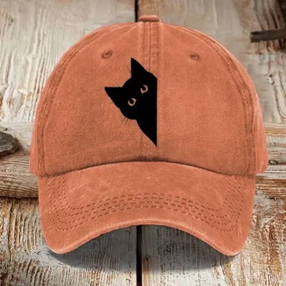 Japanese Art Black Cat Print Washed Sun Hat - Orange