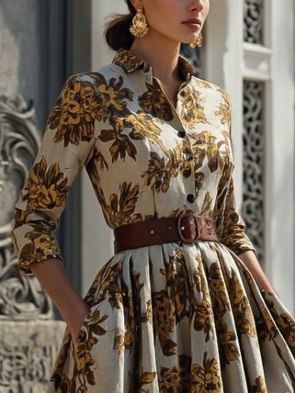 Midi Cotton Dress, Half Sleeve, Shawl Collar, Floral, Button Design, Vintage, Gray-brown - Gray-brown