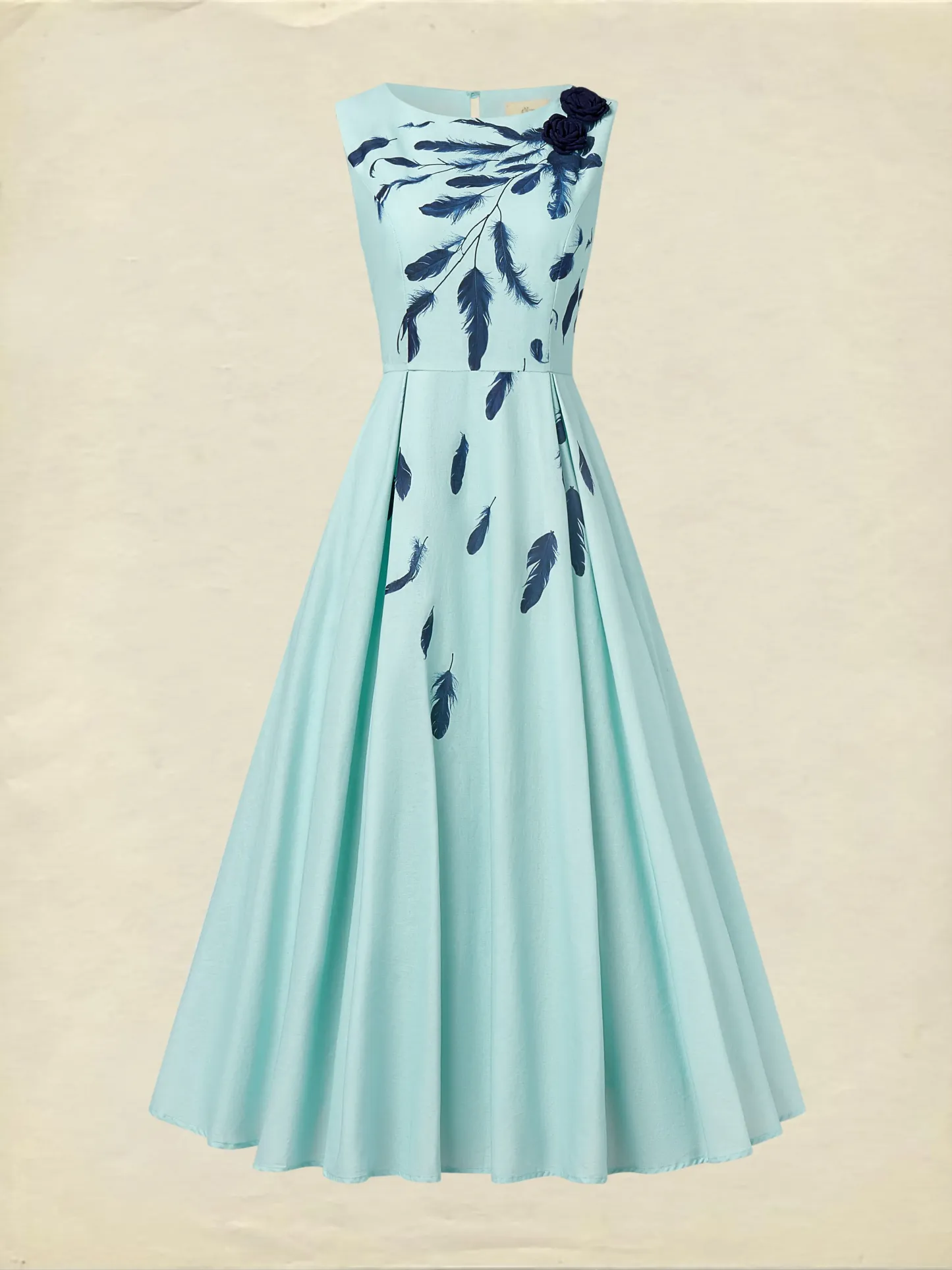 Maxi Linen Dress , Sleeveless, Round Neck, Feather Pattern, Pocket Design, Vintage, Sky Blue - Sky Blue