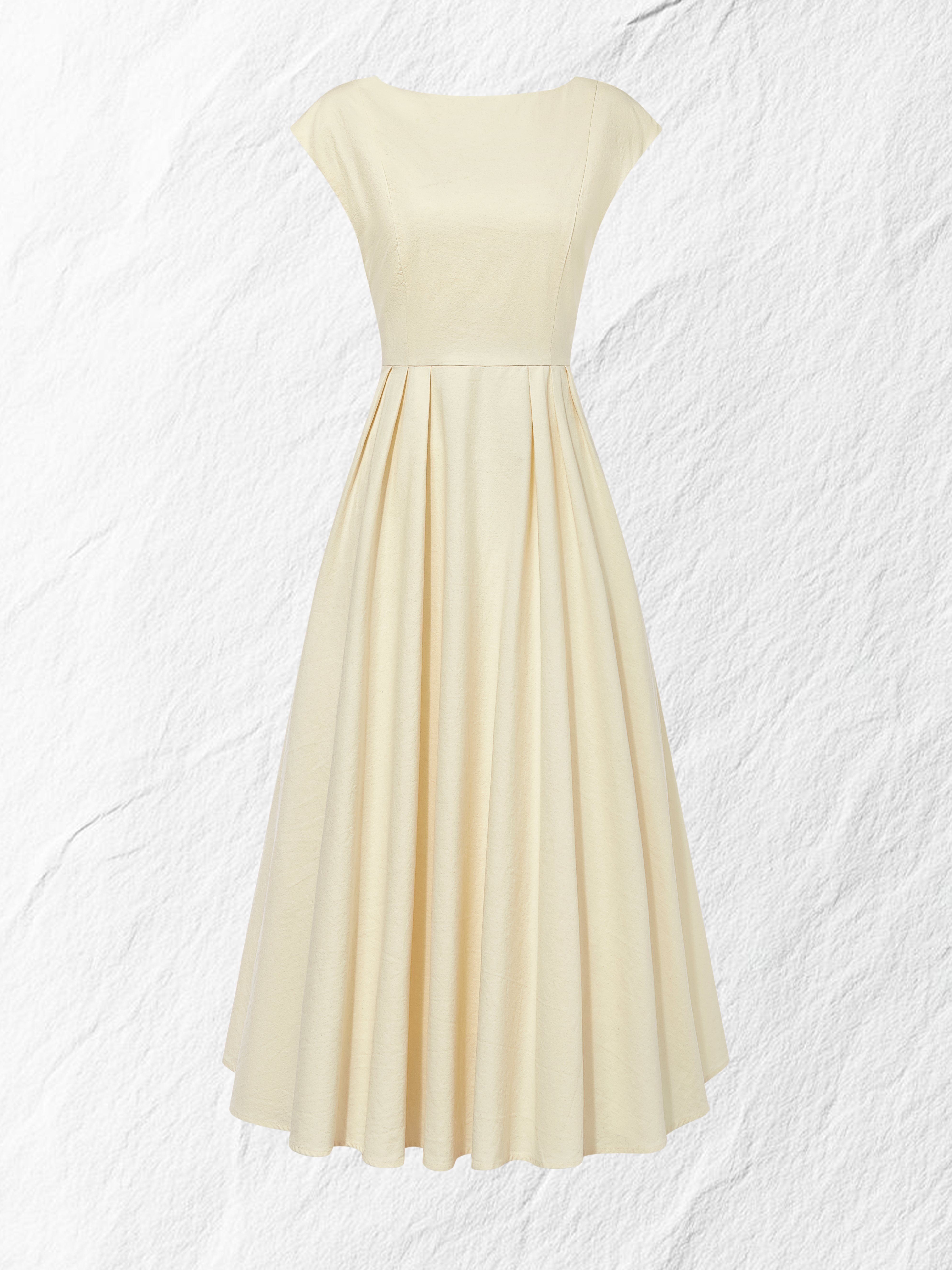 Linen Midi Dress, Cap Sleeve, Boat Neck, Plain, Vintage, Off White - Off White