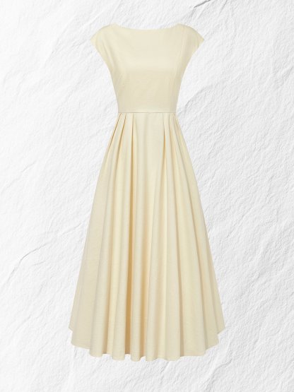 Linen Midi Dress, Cap Sleeve, Boat Neck, Plain, Vintage, Off White - Off White