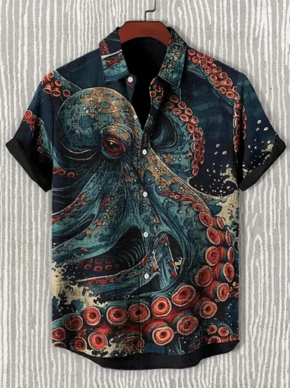 Men's Octopus Japanese Art Print Short Sleeve Shirt - Dark green