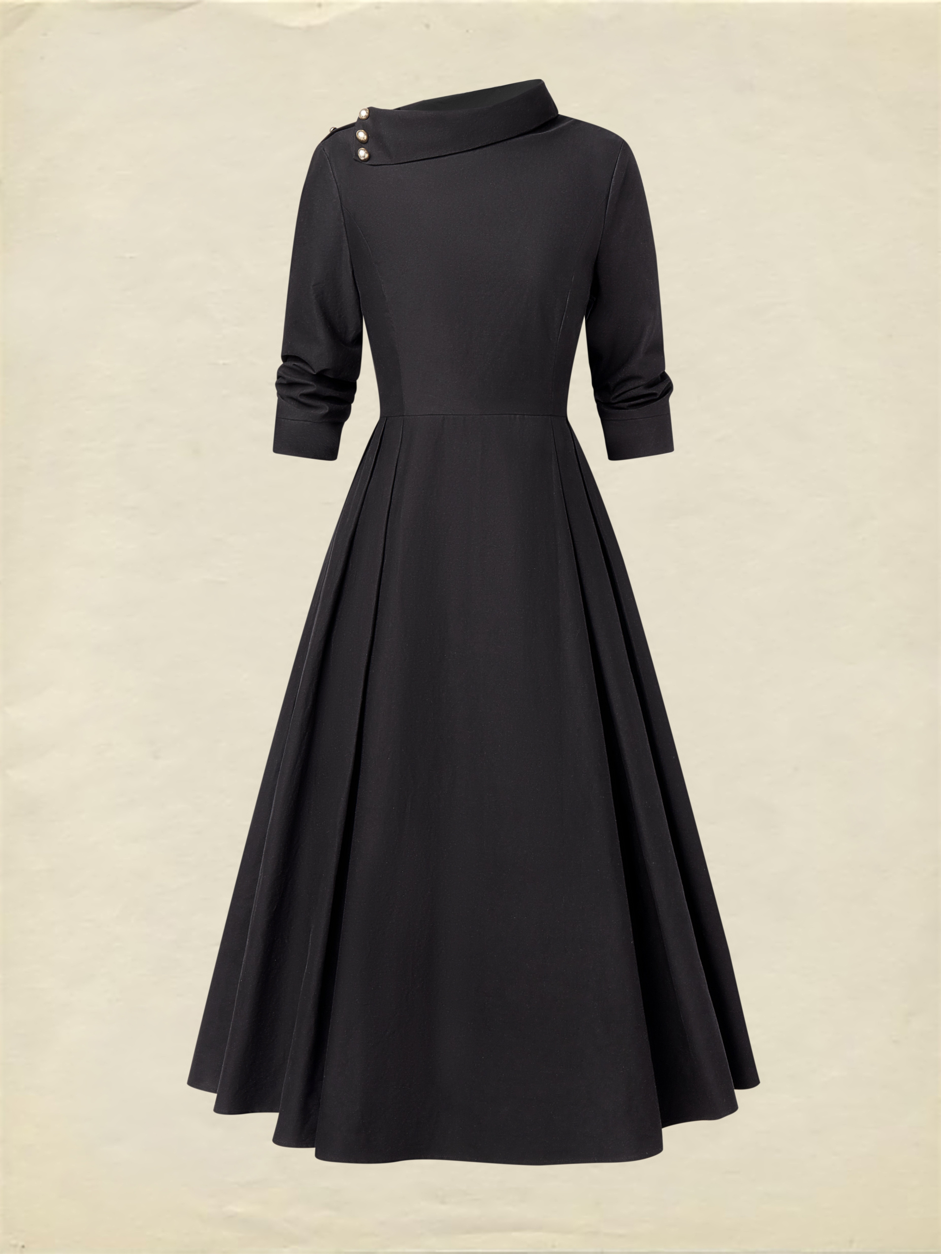 Midi Cotton Dress, Half Sleeve, Shawl Collar, Plain, Pocket Design, Vintage, Crimson - Crimson