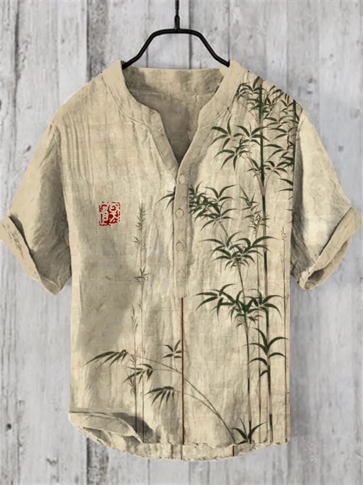 Bamboo Japanese Art Linen Blend Shirt - Khaki