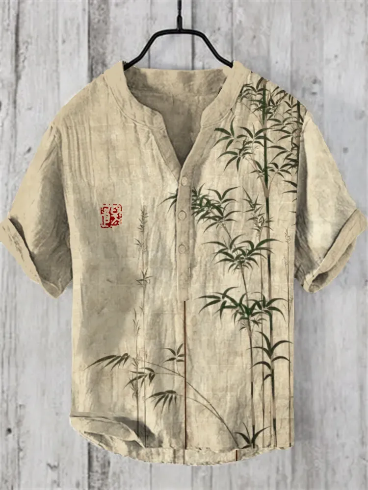 Bamboo Japanese Art Linen Blend Shirt - Khaki