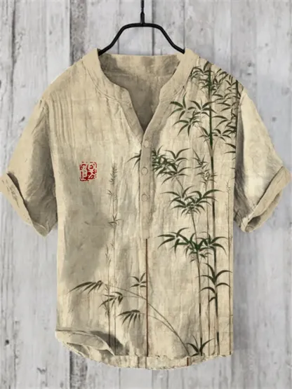 Bamboo Japanese Art Linen Blend Shirt - Khaki