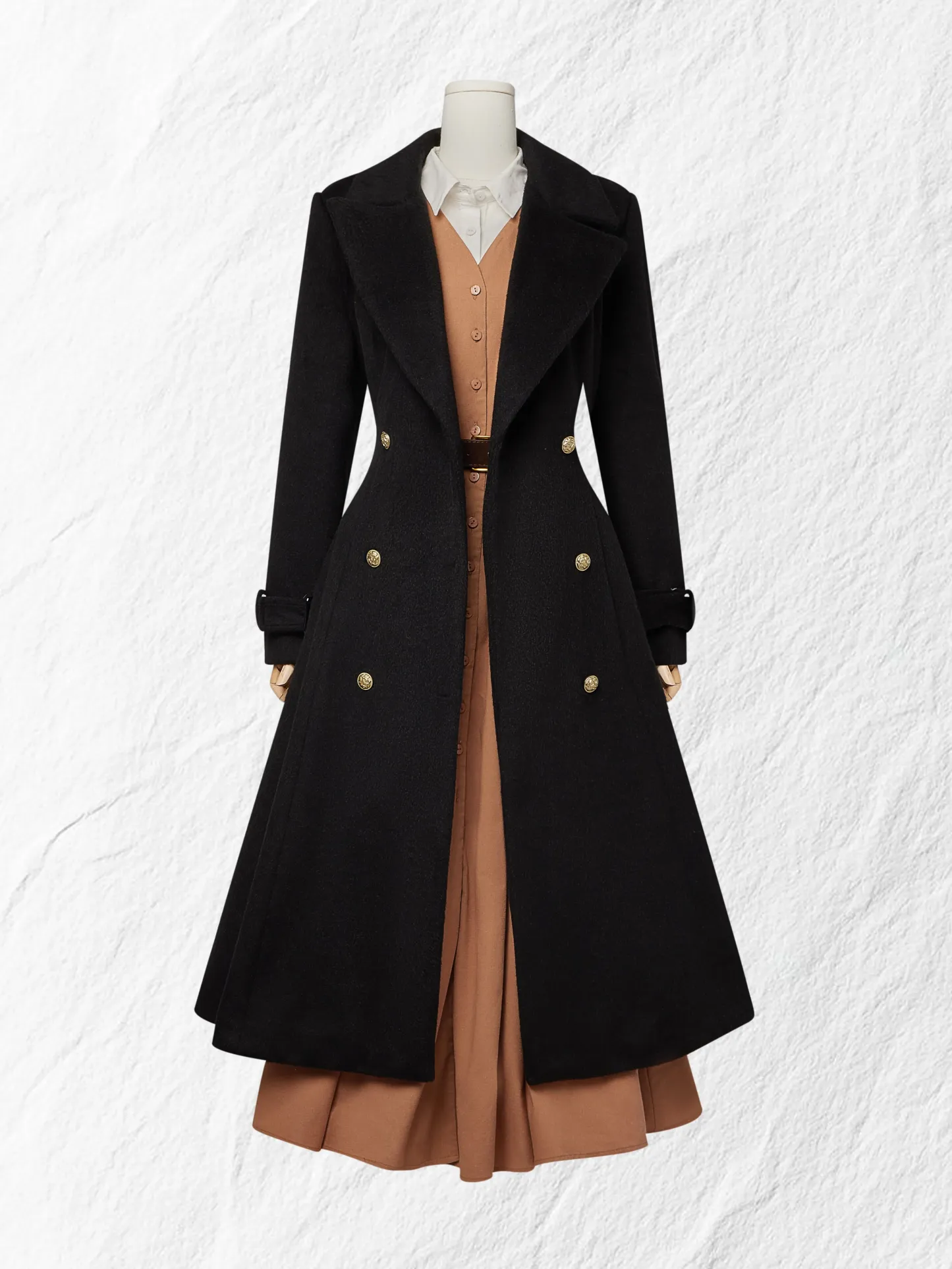 Maxi Linen Dress Set & Shirt, Long Sleeves, Shawl Collar, Plain, Button Design, French Vintage, Light Brown - Light Brown